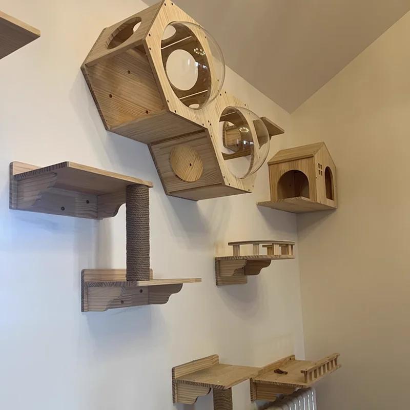 Cat Sky Park Wall-mounted Cat Tree Cat Jumping Platform Includes Sisal Scratching Board Suspension Bridge Soft Bed with Step