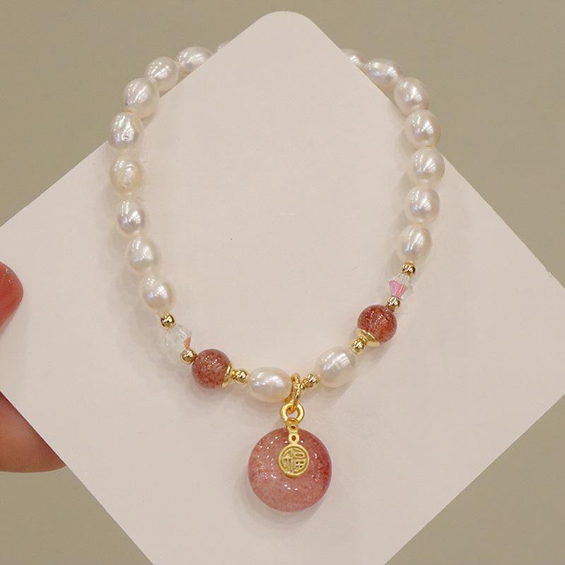 

Natural freshwater pearl bracelet strawberry crystal bracelet. Bangles Women Fashion Jewelry accessories Gift