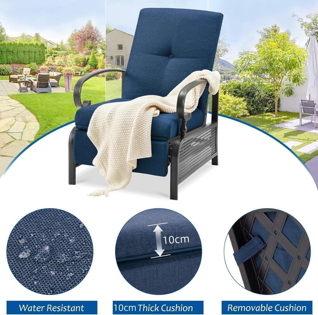YODOLLA Garden Reclining Chair Adjustable 3 Positions - 150kg Capacity, With Removable Cushion - Foldable - Navy Blue