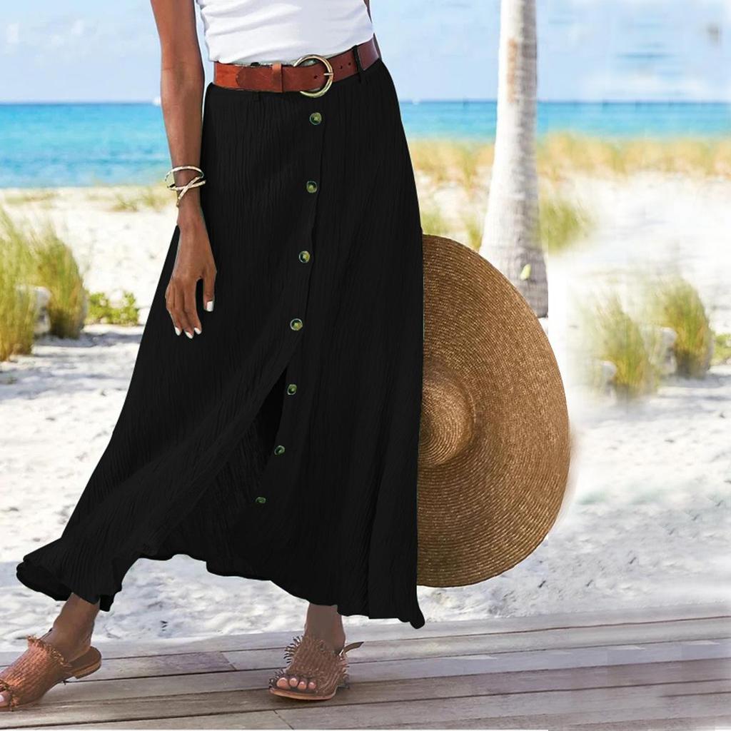 Jupe d'été pour femme Coton Lin Bouton Important Fente Imprimé Floral Mode Polyvalente Vacances Plage Jupe Mi-longue