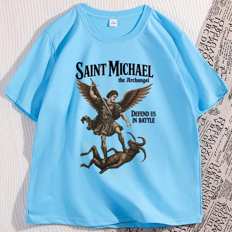 

Sanit Michael T Shirt Vintage Men Women The Archangel Tshirt Catholic Saint Christian Tshirt Causal Round Neck Printed Tshirt 4XL