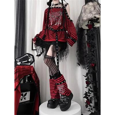 Harajuku Punk Gestreept Print T-shirts Y2k Gothic Meisjes Off Shoulder Blauw Rood Losse Vlinder Letter 2000s Subcultuur Grunge T-shirts