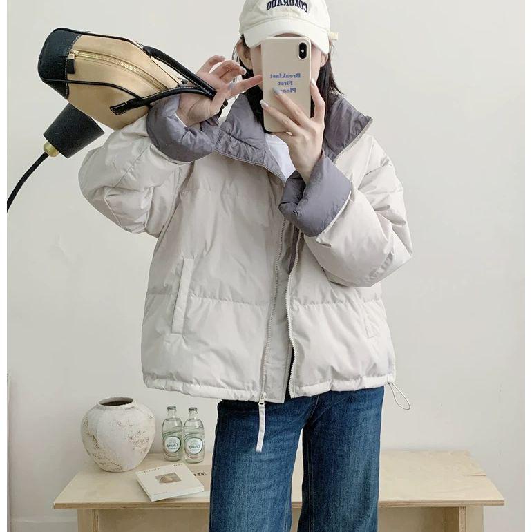Winter Color Block Stand Collar Down Jacket - Korean Style Short & Thick Loose Fit Coat