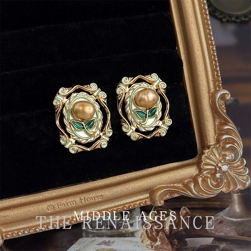 Medieval freshwater pearl enamel glaze hollow flower earrings retro light luxury court style earrings women