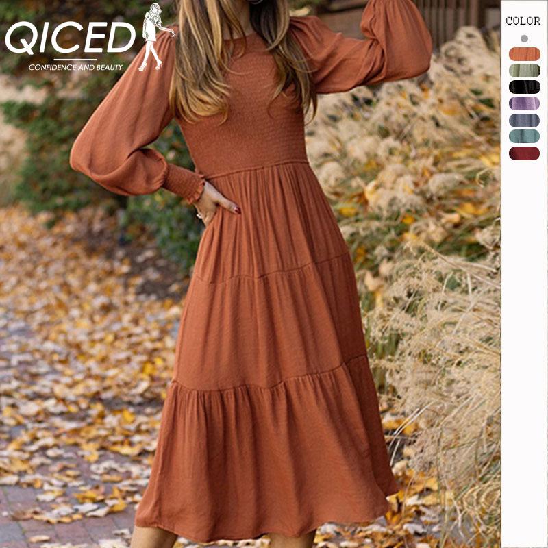 

QICED женские модные осенне-зимние однотонные повседневные платья с длинным рукавом и круглым вырезом с высокой талией и принтом