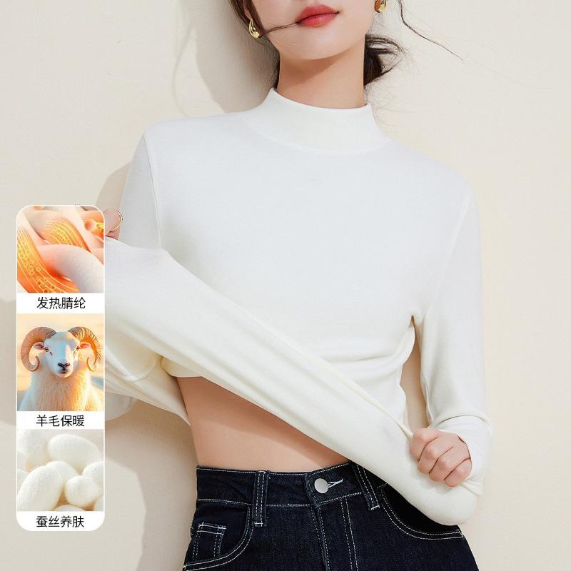 Autumn and Winter Mid-neck Wool Silk Thermal Underwear Women's Thickened Fleece Bottoming Shirt Warm Fleece Heating Autumn Clothes Top
