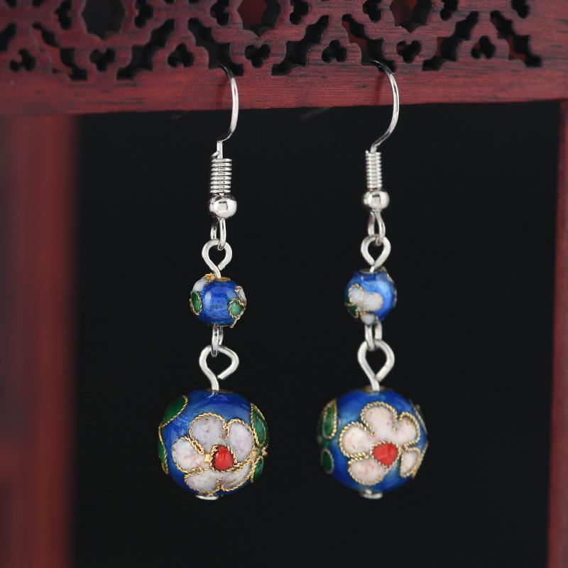 Chinese Cloisonne Retro Round Bead Earrings Handmade Silk Enamel Earrings Simple Antique Cheongsam Earrings Female 12mm