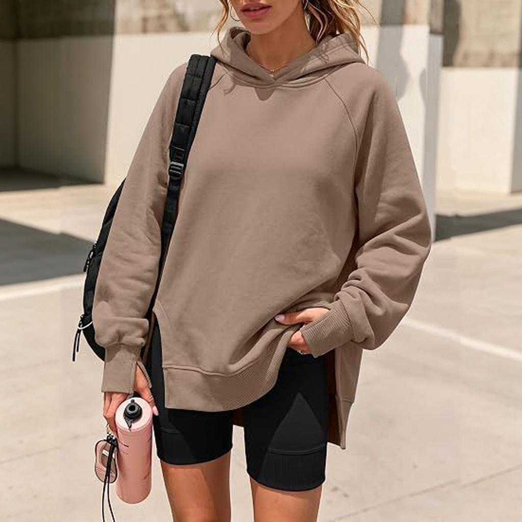 Women's Casual Longline Hooded Pullover with Drop Shoulder and Side Slit - Loose Fit Sweatshirt