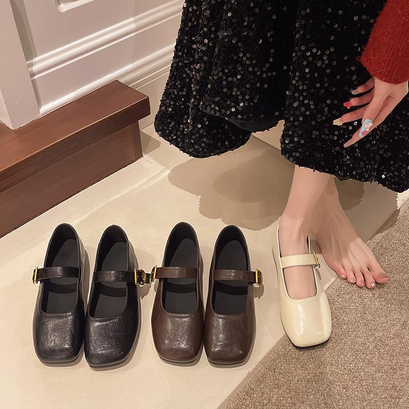 2025 New French Style Square Head Black Slip-On Women's Shoes Summer Casual Flat Heel Mary Janes Mini Leather Shoes for Women