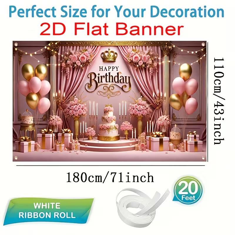 2D Flat Banner Birthday Backdrop Pink Gold Royal for Girls & Women Themed Party Photos