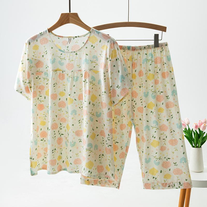 

Женские пижамные комплекты с цветочным принтом для девочек-подростков, пижамные шорты, костюм, домашний летний корейский кружевной бант, ночная одежда для сна, 2 шт. XXL