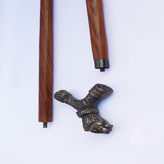 Vintage Löwe Messing Form Cooper Antik Gehstock Gehstock Rot Holz zweifach gefaltet Einzigartiges Designer Geschenk