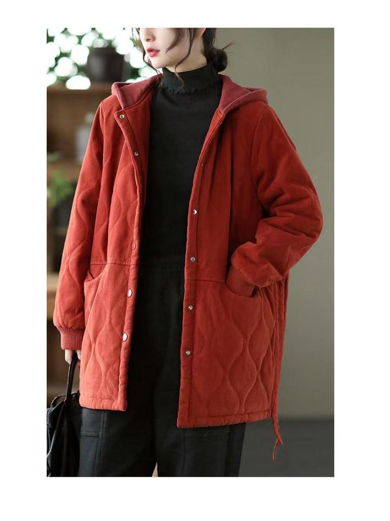Women's Retro Padded Cotton Jacket: Autumn/Winter Hooded, Round Neck, Long Sleeve, Loose Fit, Plus Size Casual Top.
