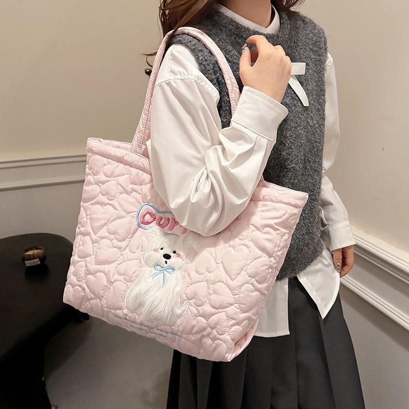 

Универсальная милая хлопковая сумка с щенком, большая вместимость, сумка-тоут на молнии, мягкая вощеная стежка, люблю детскую присыпку, на плечо, женская розовый