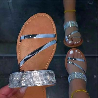 2025 Summer Women's Shoes European and American Foreign Trade Large Size Glossy Flat Bottom Rhinestone Slippers Female Manufacturer