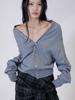 Whole Paper Off-Shoulder Ruffle Neck Cardigan (Charcoal Gray)