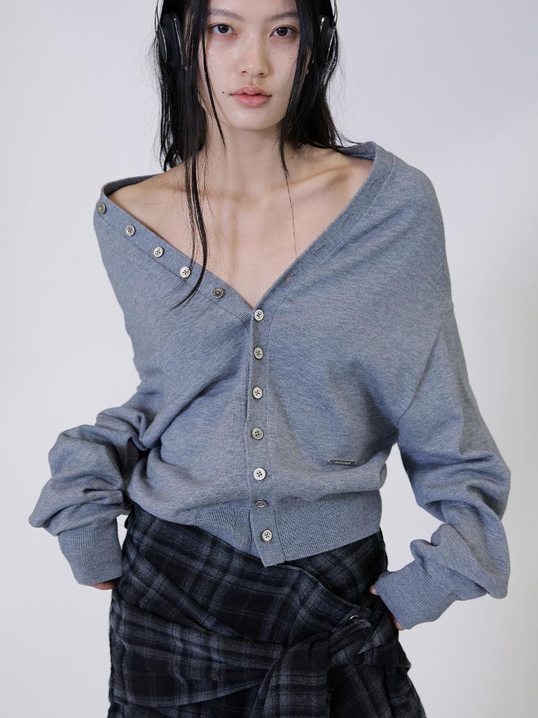 Whole Paper Off-Shoulder Ruffle Neck Cardigan (Charcoal Gray)