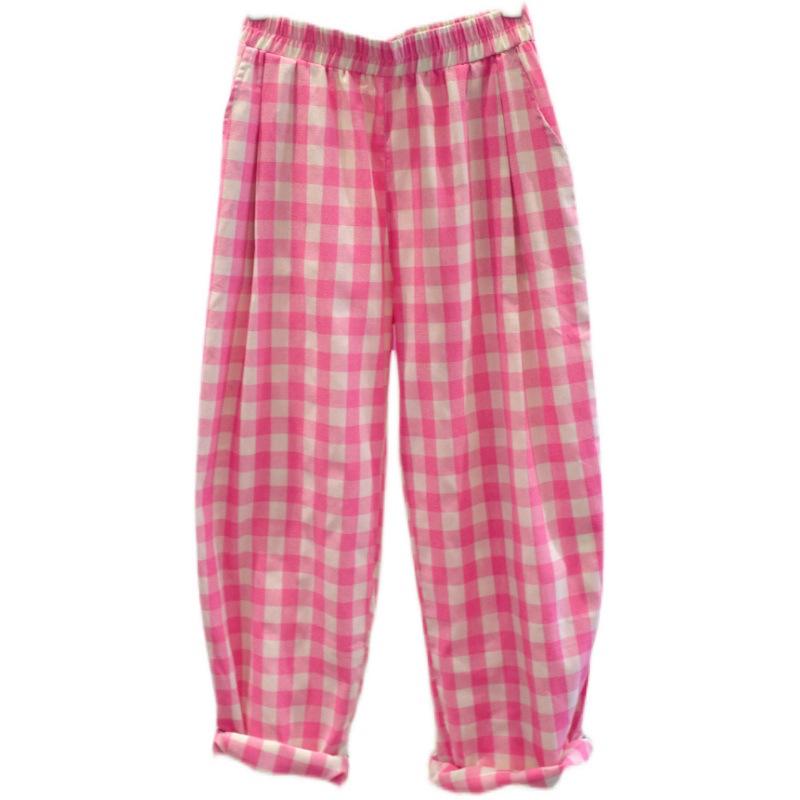 2025 Koreanischer Stil Rosa Karomuster High-Waist Slim Fit Damenhose