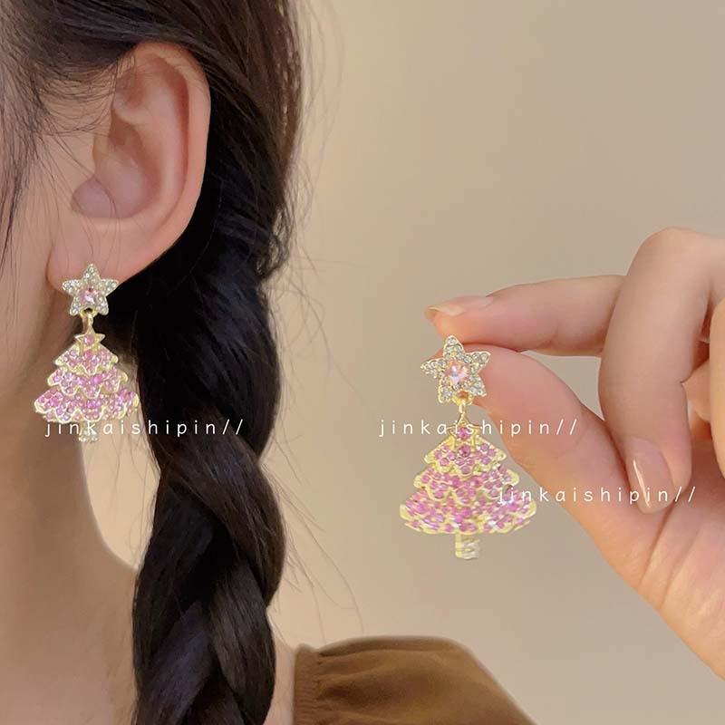 3D Christmas Tree Earrings with Red Bow - Heavy Beaded Crystal Ear Clips, Hand-Woven Holiday Accessories