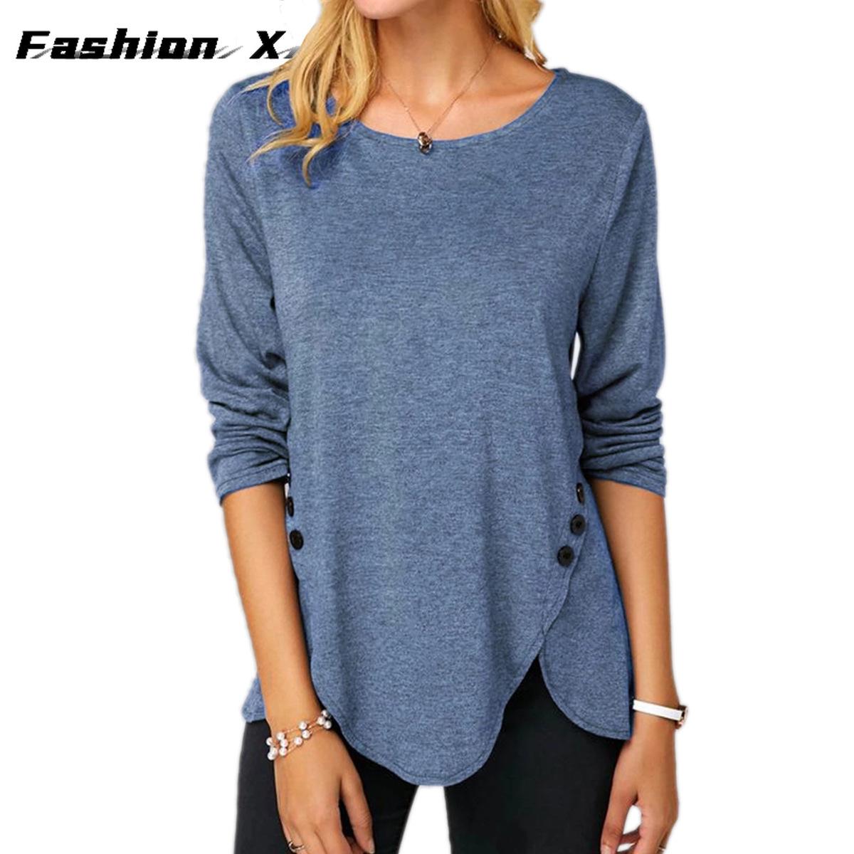 

Футболка женская однотонная с длинным рукавом и круглым вырезом, с нестандартными пуговицами 5XL синий