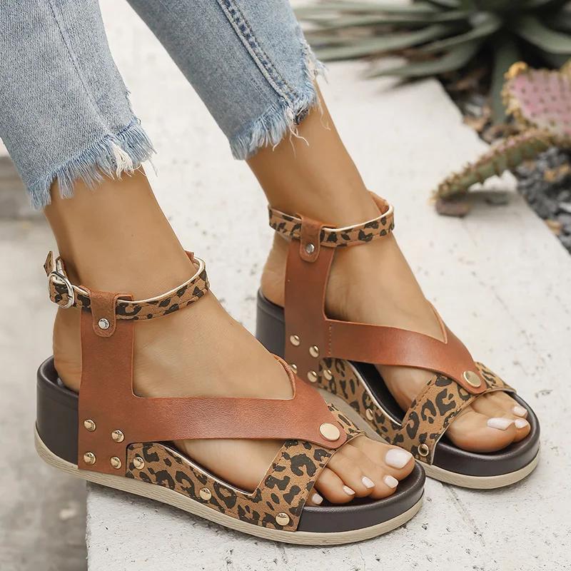Fashion Summer Women's Shoes Leopard Print Wedge Sandals Women Plus Size Ankle Strap High Heel Sandal Female Slip on Sandalias De Mujer