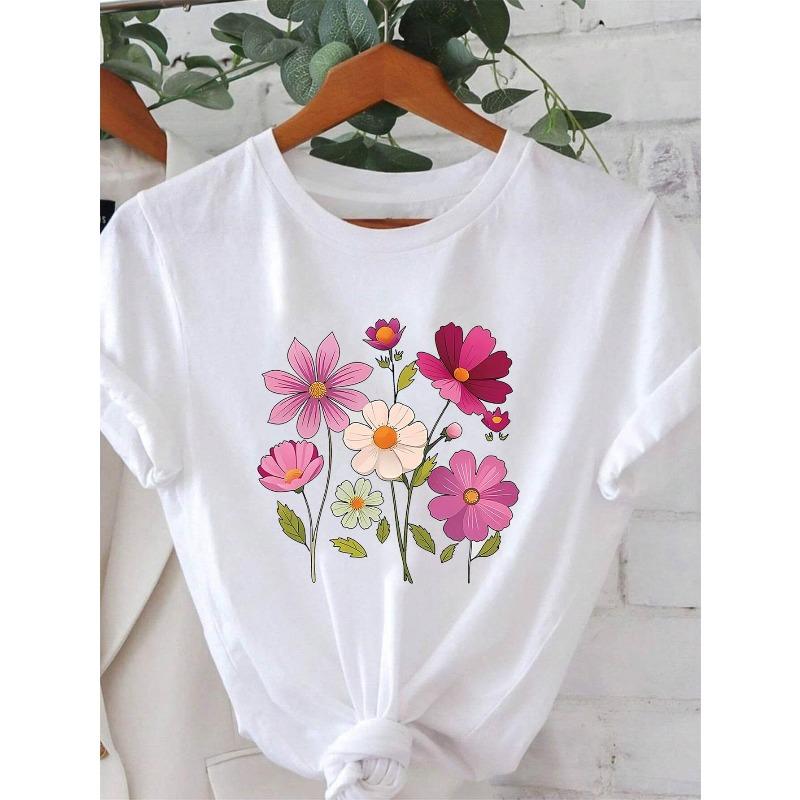 

Casual Floral Tee for Women - Bright Pink and White Blossoms on A White Background, Short-Sleeved Crew Neck Top Ideal for Spring and Summer, S белый