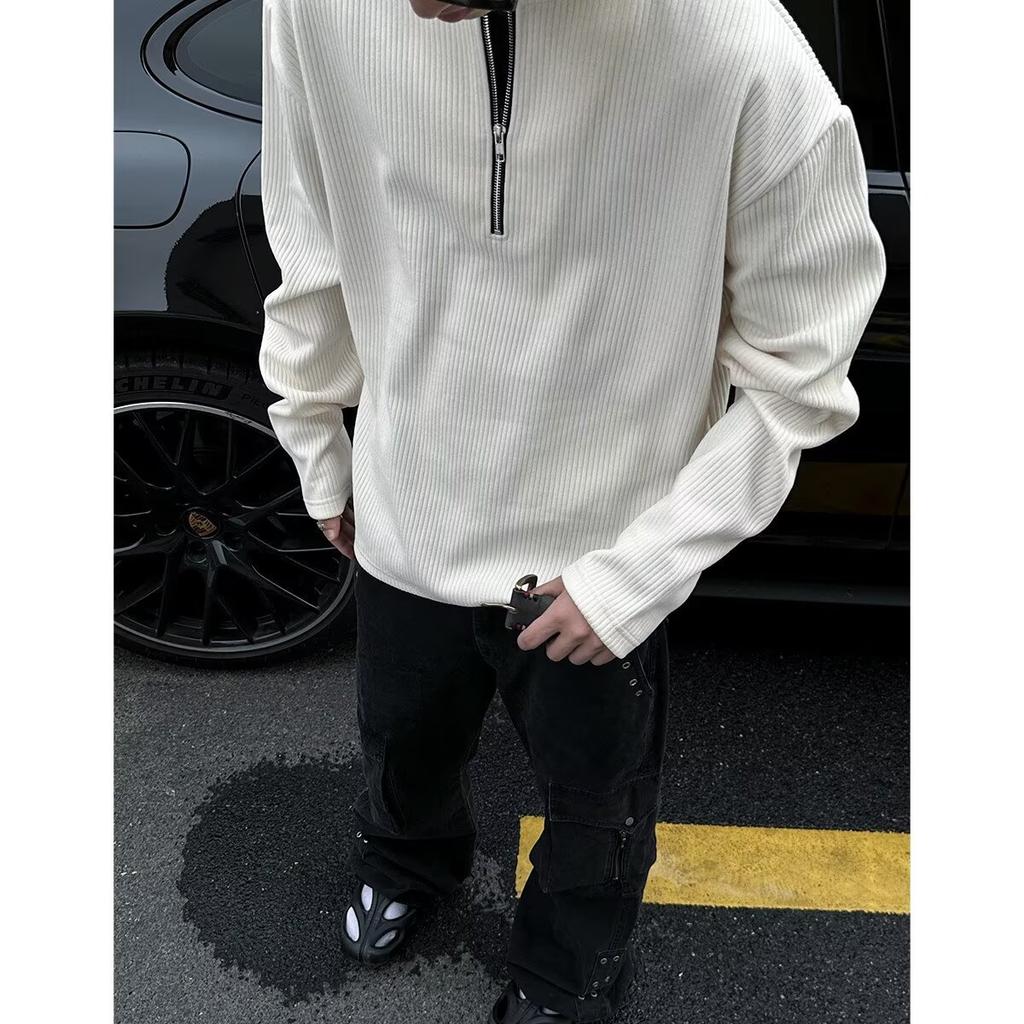 Felpa Uomo Manica Lunga Tinta Unita Texture Waffle Mezza Zip Stile Ins Primavera Autunno Pigra Casual Stile Coppia