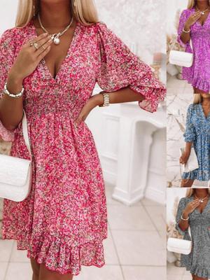 New Women's Long Sleeve Ruched Boho Printed Short Sleeve Floral Dress