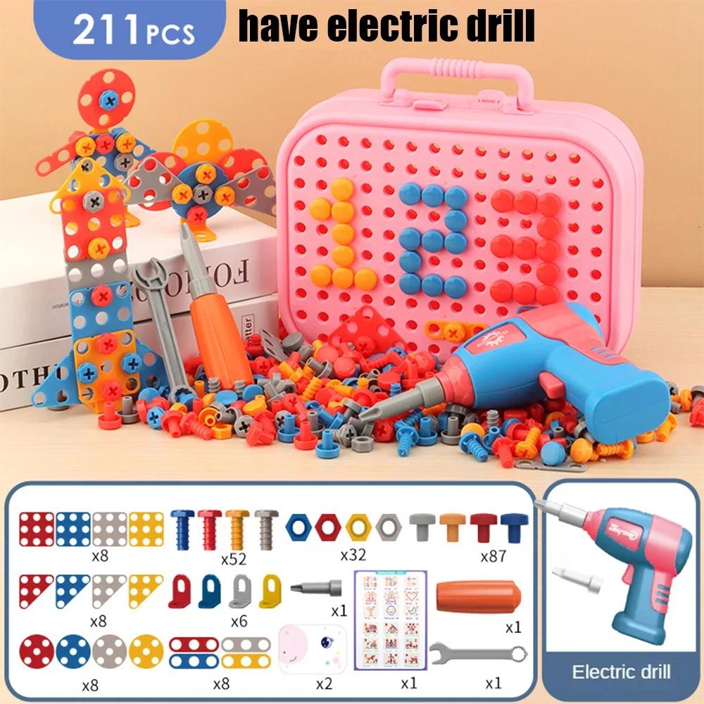 Ungiftige 3D-Puzzle-Spielzeuge Rollenspiel Werkzeugkasten Bohren Montage Lernspielzeug Kinderspielzeug Werkzeugkasten Elektrischer Bohrer Schraube Mutter