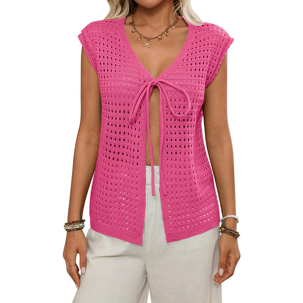 

2025 женский ажурный трикотажный кардиган с короткими рукавами, праздничная блузка на шнуровке XL розы красного