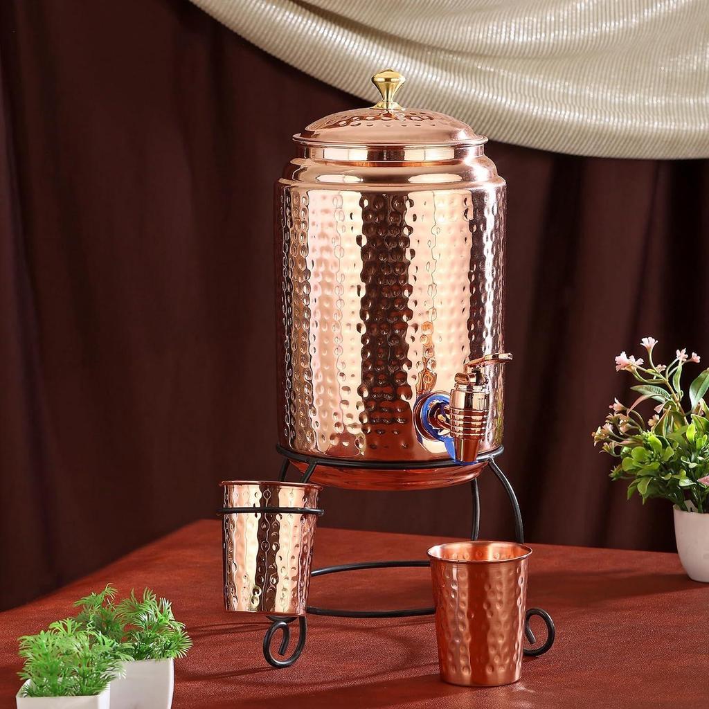 Copper Water Dispenser Set, 5 Litres, with Stand, 2 Glasses and ABS Tap, HaMmered Design (HaMmered Natura)
