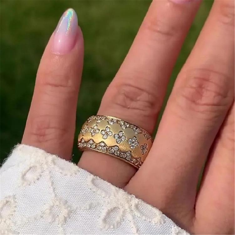 Lightweight Copper Clovers Ring With Crystal Zircon Embellished Gold Color Ring Jewelry For Daily Wear Or Formal Event