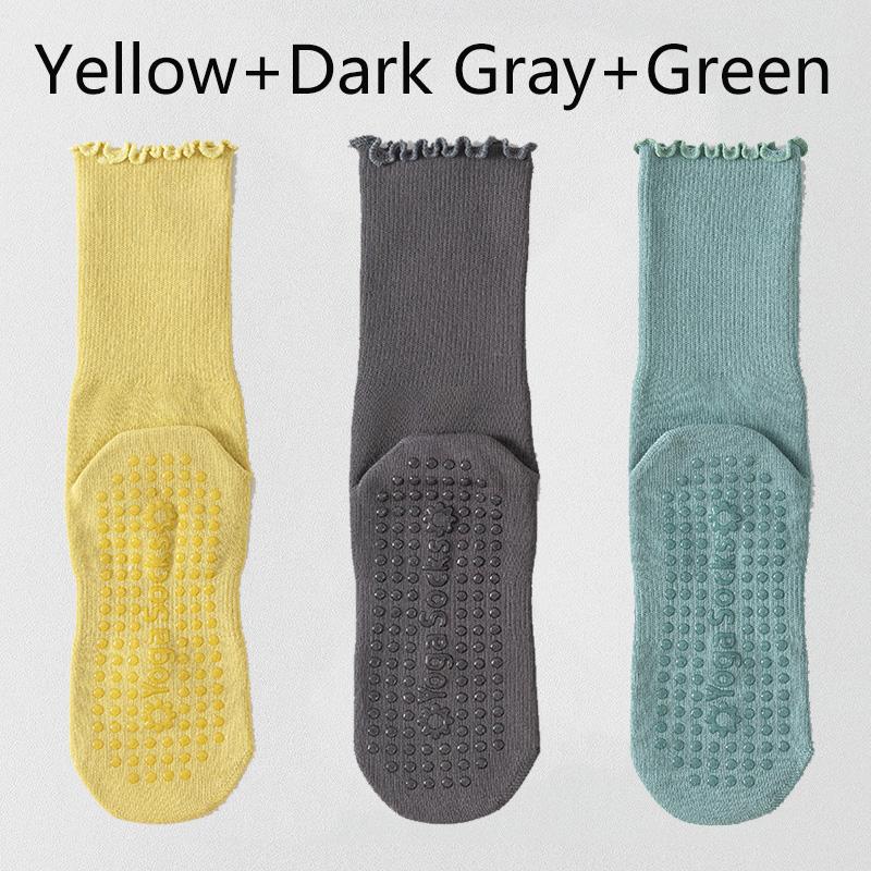 3 Pairs Solid Yoga Socks for Women Cotton Breathable Mid-calf Yoga Socks Pliates Sport Fitness Non-slip Grip Floor Socks Ruffle