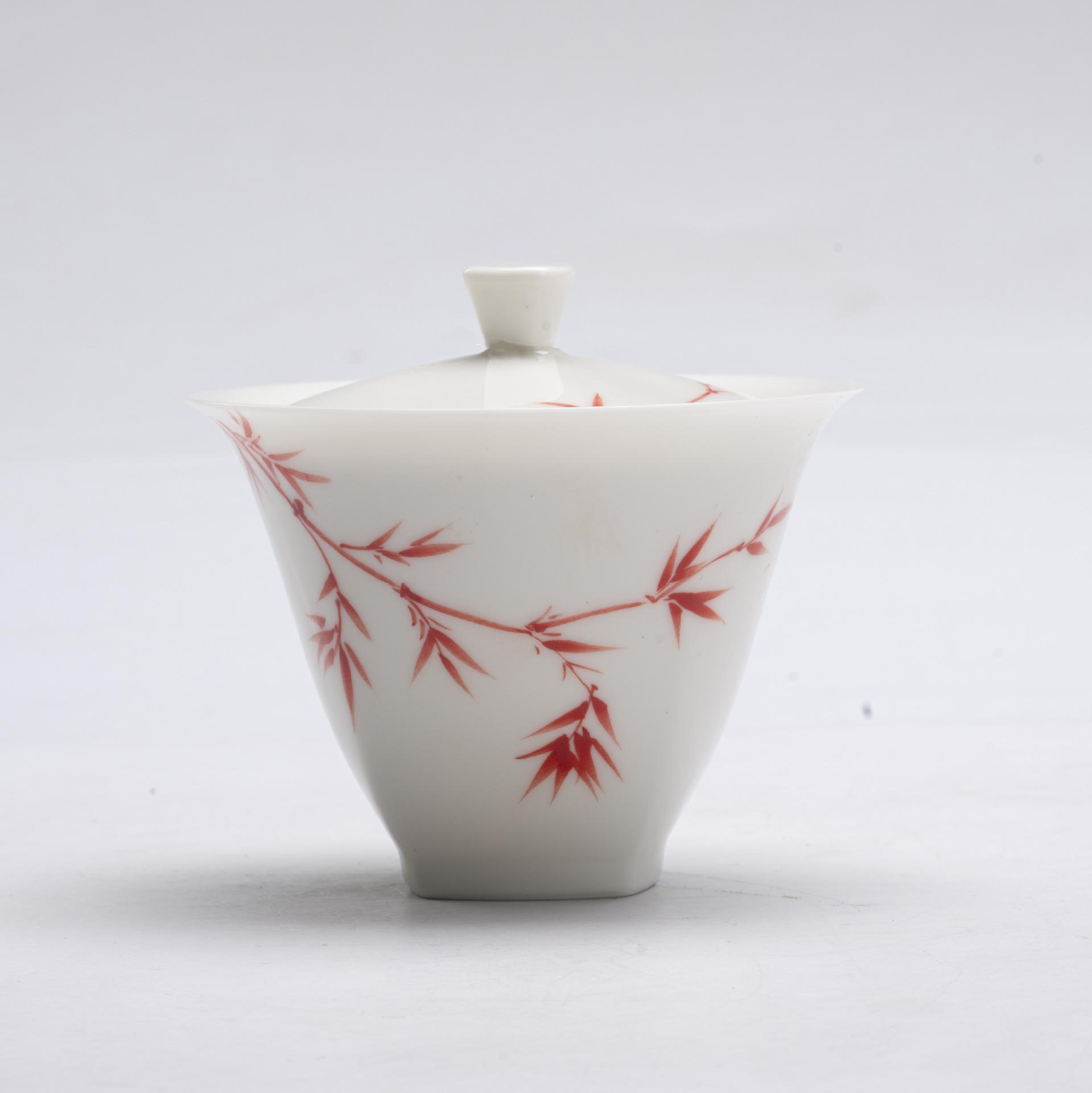Jade Clay Hand-painted Gaiwan Antique Red Bamboo Ercai Tea Bowl White Porcelain Chinese Style Tea Making Bowl for Pu er Tea 200ml