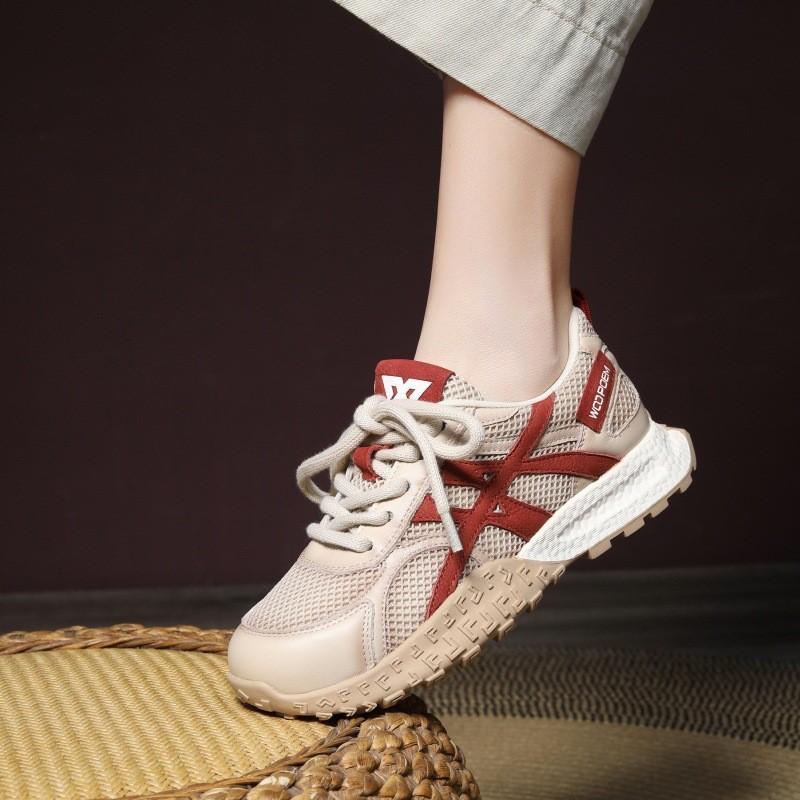 Johnature Zapatos casuales deportivos para mujer Malla transpirable con empalme de cuero genuino con cordones Zapatillas cómodas