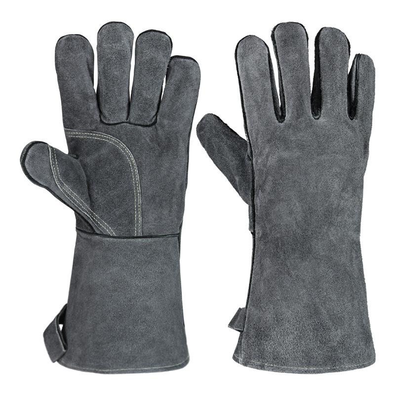 BBQ Gloves Camping and Picnic Leather Heat Insulation High Temperature Resistant Fire Line Long Welder Protective Gloves