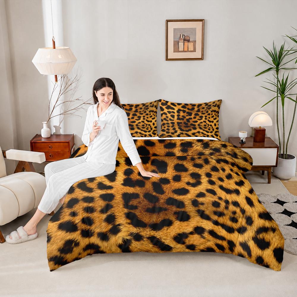 Leopard Cheetah Fur Print 3 Piece Bedding Set, Animal Skin Pattern Duvet Cover Set for Modern Bedroom Decor Gift