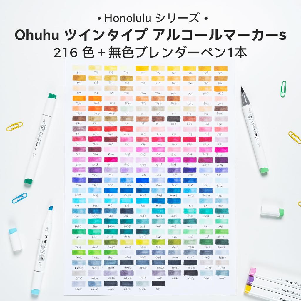 Ohuhu Marker 216 Farben Professionell Pastell und Illustration Pinsel und Breit Enthält 1 Blender Honolulu Serie Pinselstift, (217 Stifte), Markierer,