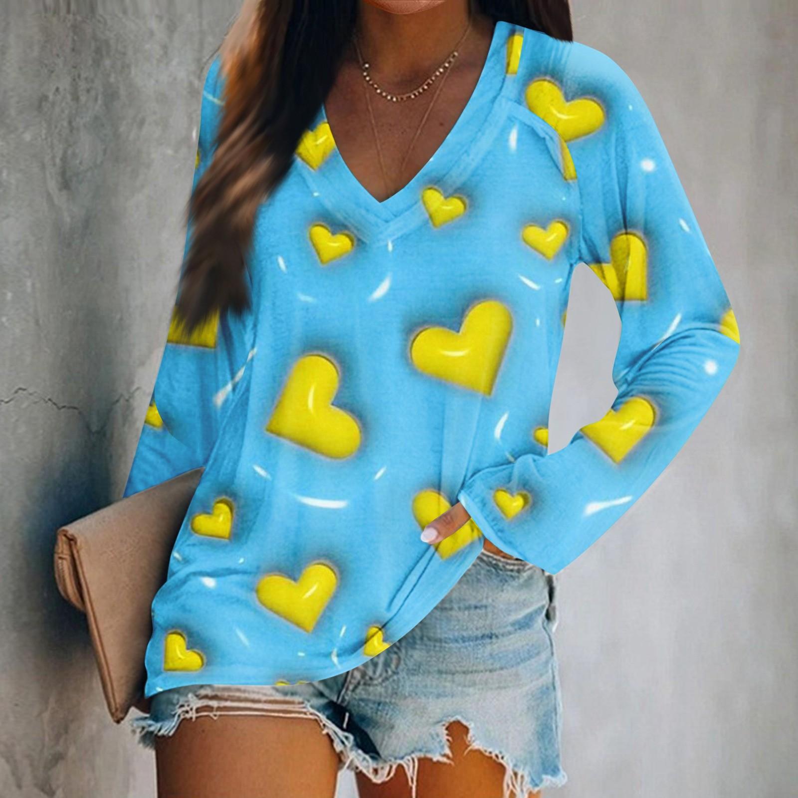 

Женская футболка с длинными рукавами и V-образным вырезом с принтом ко Дню святого Валентина. Повседневный и удобный топ L синий