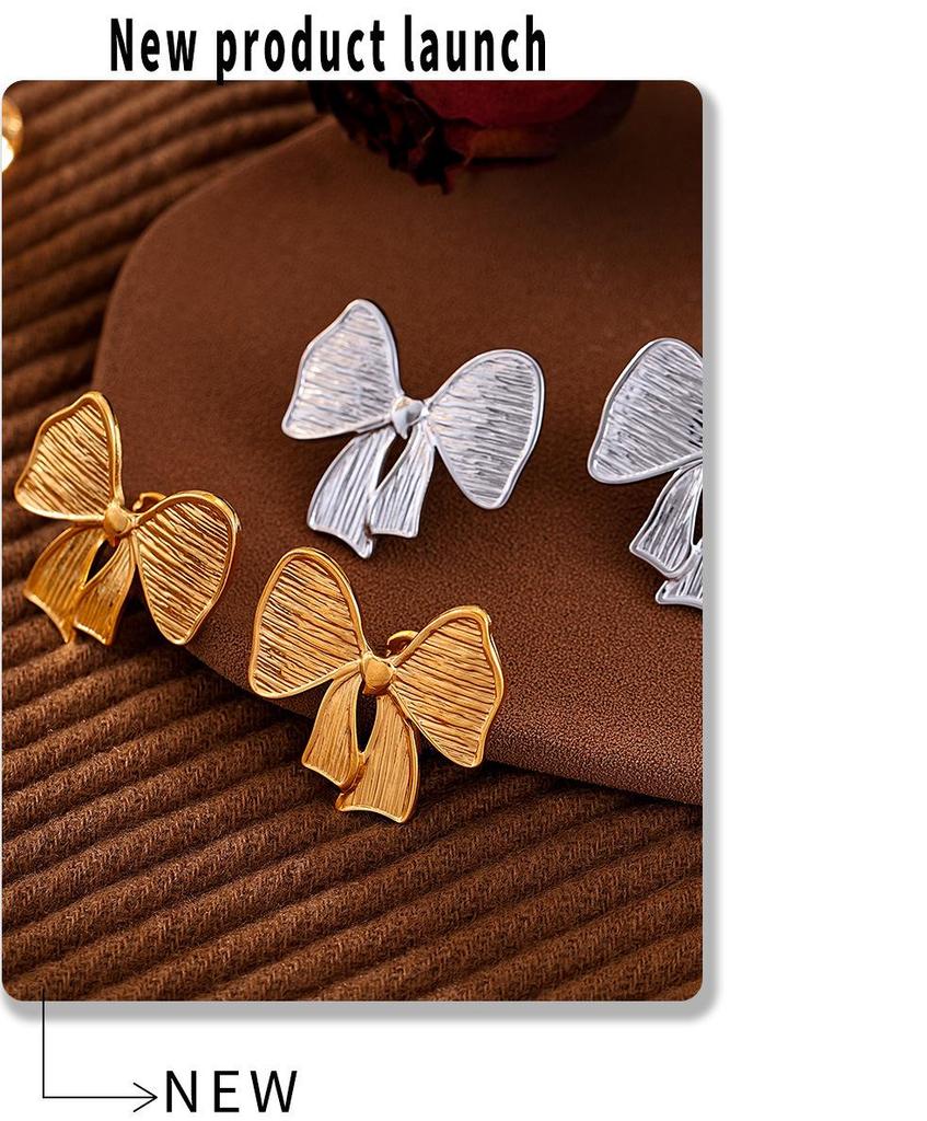 Qiong Yao European Style Bow Stud Earrings, Stainless Steel, Colorfast, Hypoallergenic, Simple Design for Women