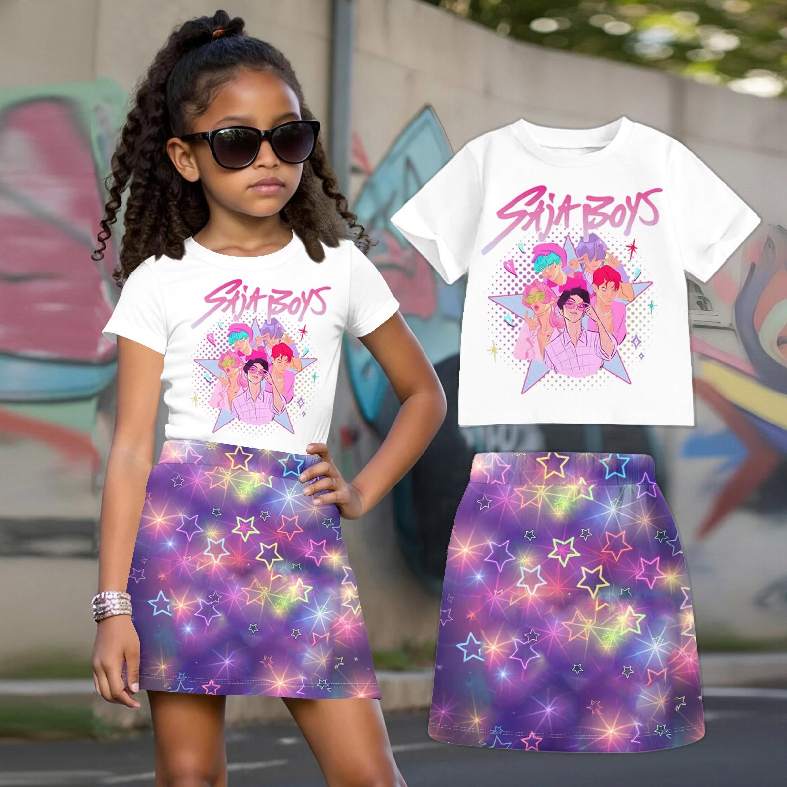 Witch Children s Printed Loose Casual Fashion Round Neck Short Sleeved Top+Short Skirt Set 140 розовый