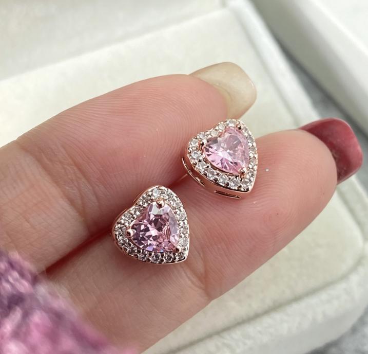 Damen Luxus Bling Iced Out Zirkonia Rosa Herz Ring Roségold Hypoallergen 925 Silber Schmuckset Ohrring Halskette Sets