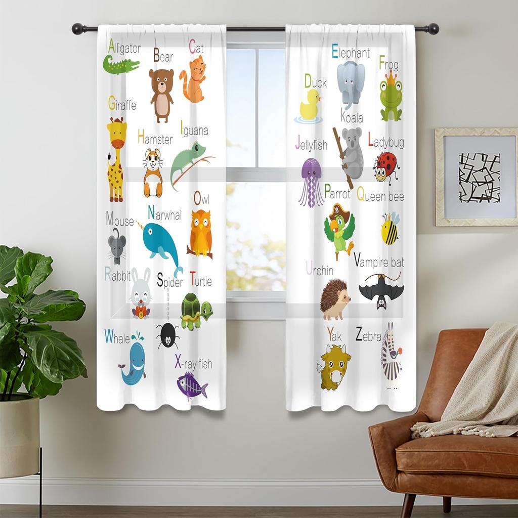 Abc Alphabet Kids Curtains Sheer Pocket Cartoon Animal Baby Boys Bedroom Decor Child Nursery Funny Learning Educational Fabric