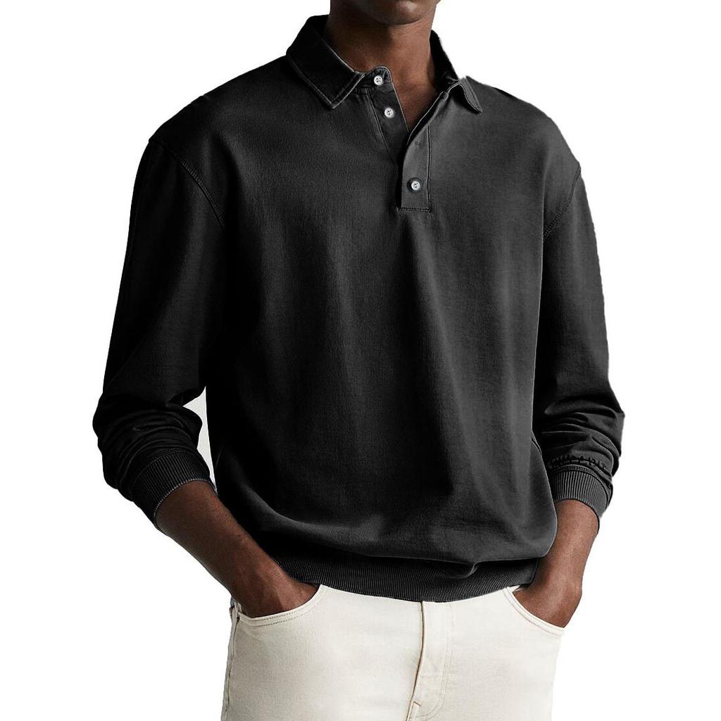 Polo da uomo a maniche lunghe tinta unita con colletto e bottoni, per ufficio, pendolari, casual da lavoro, pullover, maglietta sportiva alla moda