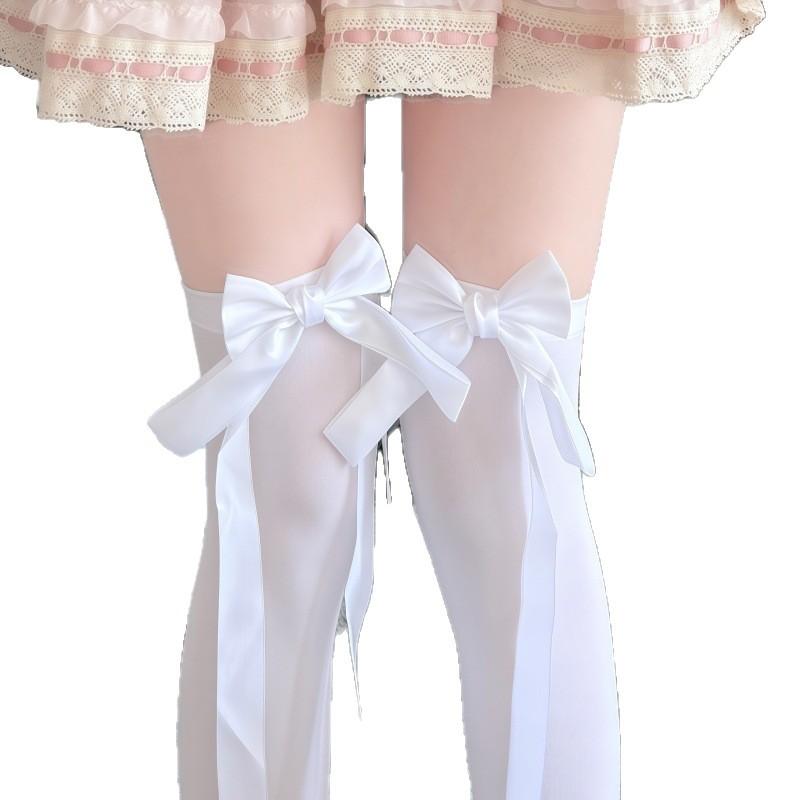 Milk White Lolita Velvet Knee Socks Long Tube Spring And Autumn Lace Ribbon Bow High Tube Socks Lolita