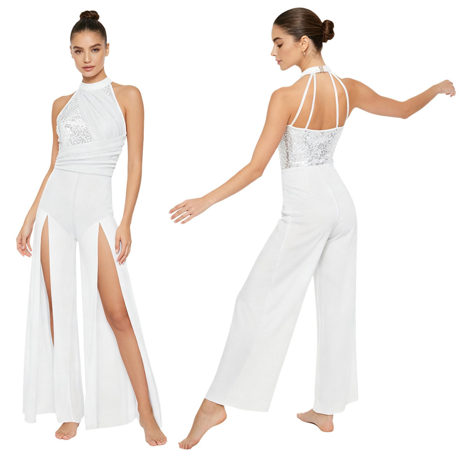 S-3XL Damen Lyrischer Modern Dance Jumpsuit Neckholder Stehkragen Ärmellos Pailletten-Oberteil Riemchen am Rücken Netz-Einsatz Weites Bein Bodysuit Einteiler Tanzkleidung M weiß