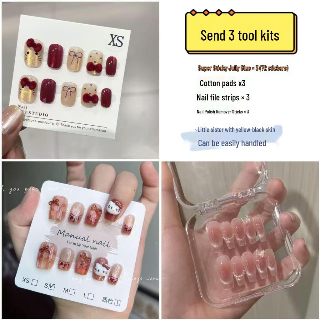 Popular Handmade Heart Bow Pearl Chain Nail Art Tips - Set of 30 Wearable Fake Nails