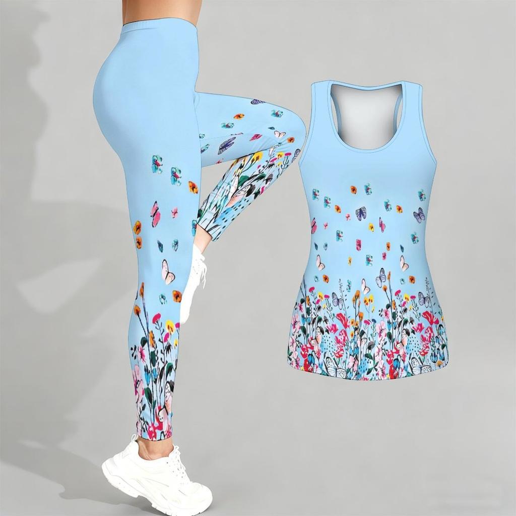 Butterfly Print Yoga Outfit for Women Fashion Workout Leggings Fitness Sports Casual Yoga Set Sports Suit