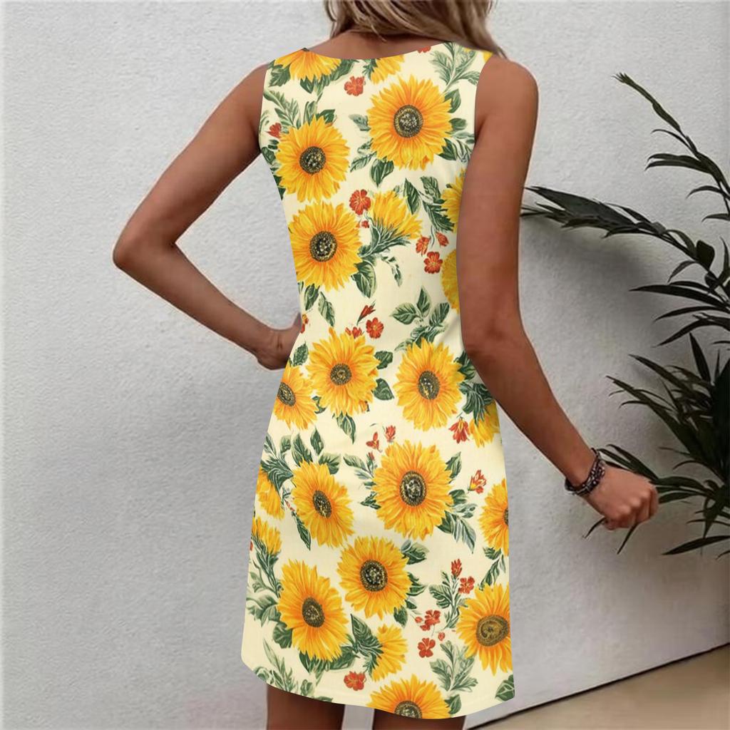 Robe d'été décontractée à fleurs pour femme, col rond, sans manches