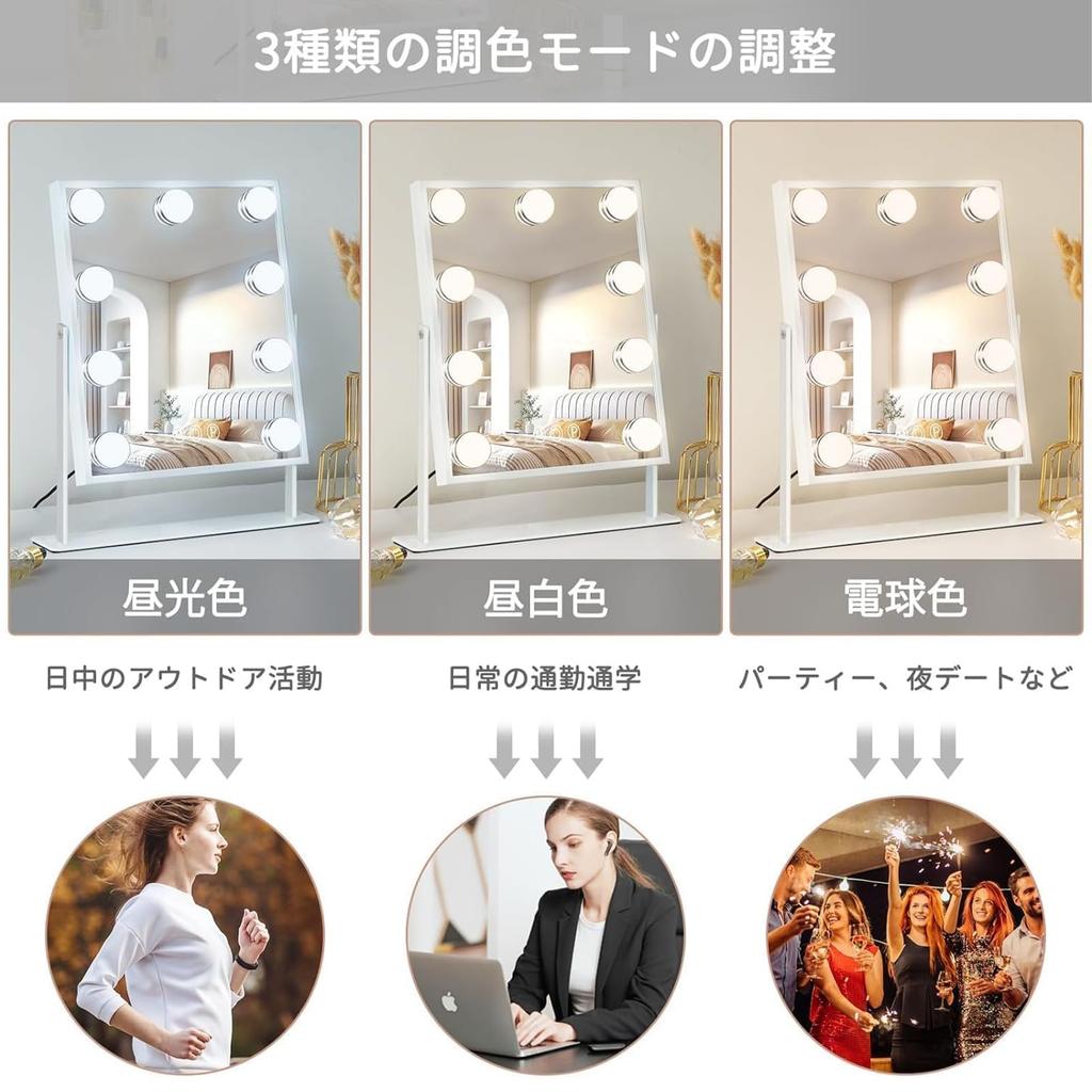 FENCHILIN Hollywood Mirror Tabletop Mirror with 9 LED Bulbs, 10x Magnification, Three Lighting Modes, Adjustable Brightness, 360 Degree Rotation, Self
